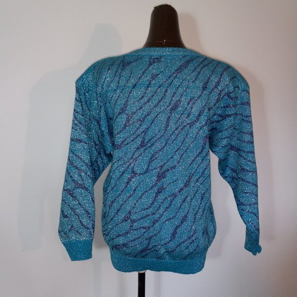 crew-neck tourquoise metalic thread zebra print sweater vintage 1980s - Picture 2 of 8